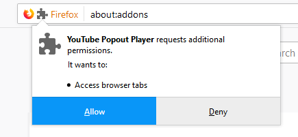 Popout Player Firefox Optional Tabs Permissions