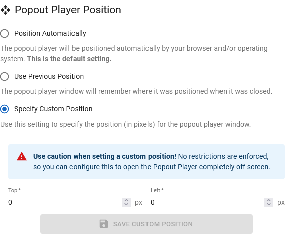 Popout Player Position Options Screenshot