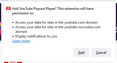 Popout Player Firefox Required Permissions