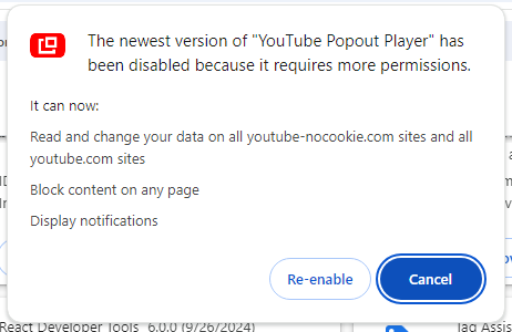 Popout Player Chrome Updated Permissions