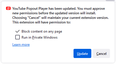 Popout Player Firefox Updated Permissions