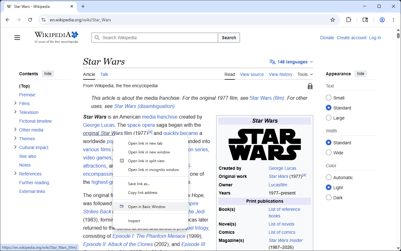 Chrome context menu showing the Open Link in Basic Window action.