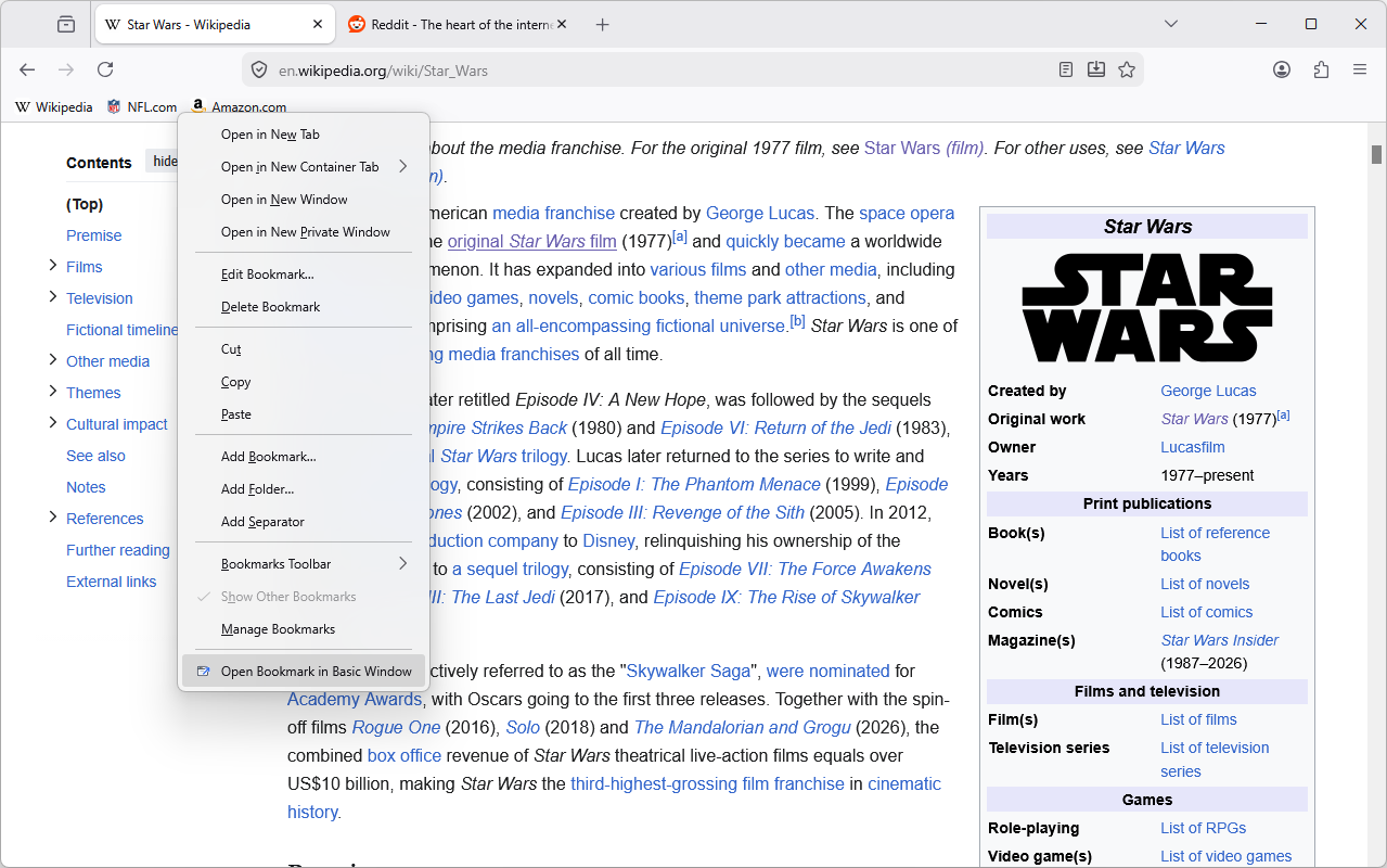 Firefox bookmark context menu showing the extension action.